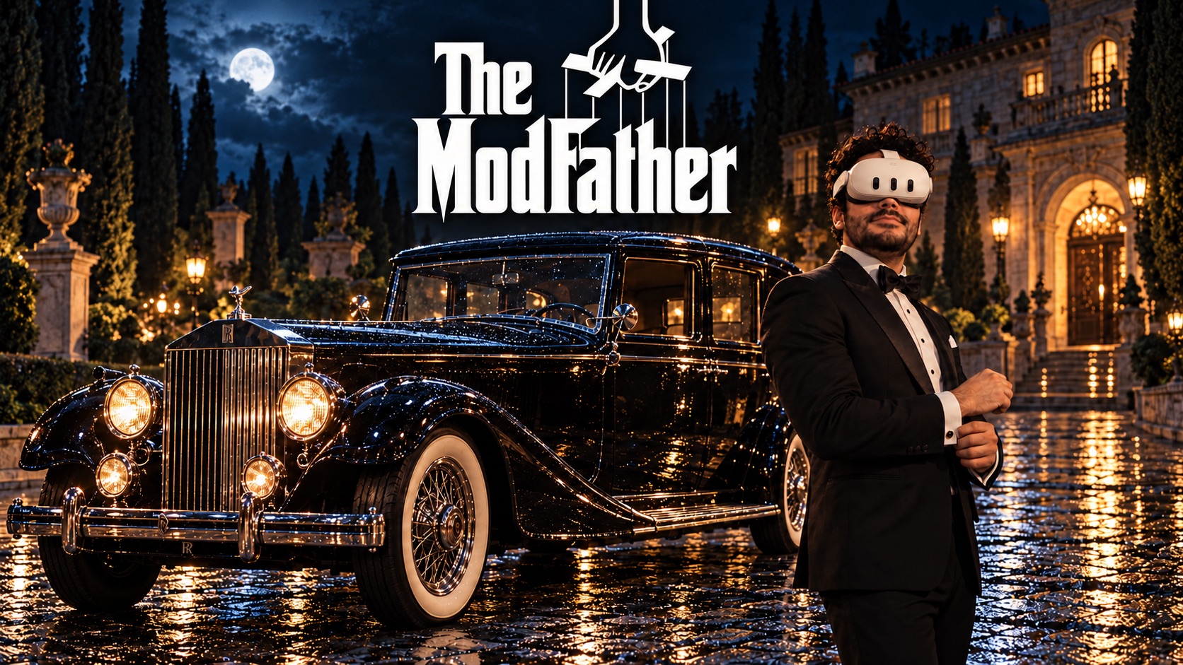 The Modfather wearing a Quest headset beside a vintage car outside a moonlit estate
