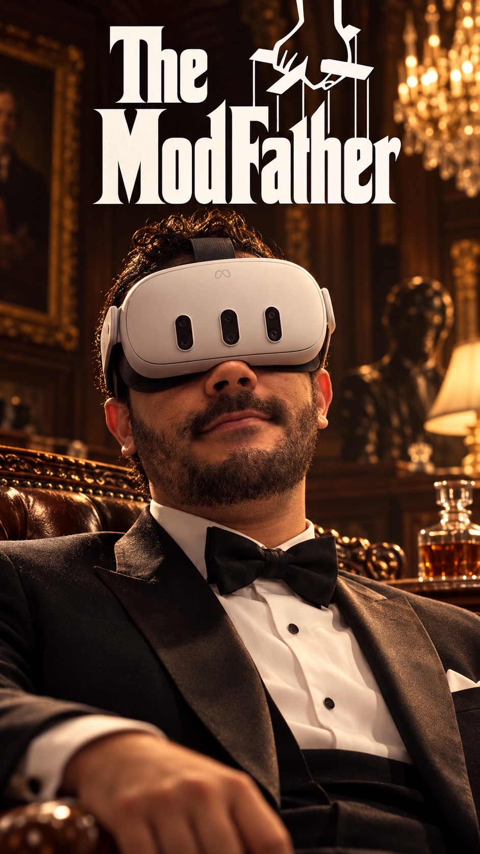 The Modfather seated in a warm, chandelier-lit study wearing a VR headset